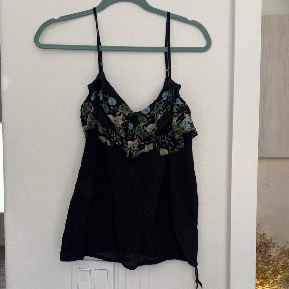 Free People Black Camisole with Green and Blue Floral Trim